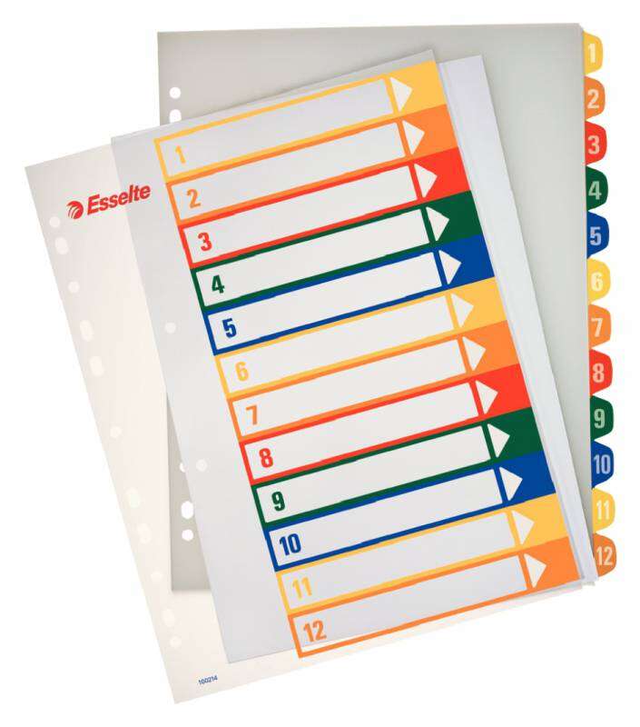 Esselte Indice per progetti stampabile A4 Maxi Tipo 1-12 Multicolore - Fori multipli - Materiale PP rigido 300 micron