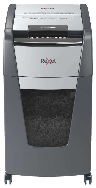Rexel Optimum Autofeed 225M Distruggidocumenti automatico a microtaglio P-5 - Alimentazione automatica 225 fogli e manuale 8 fogli - Capacità del cestino 60 L - Colore Grigio/Argento