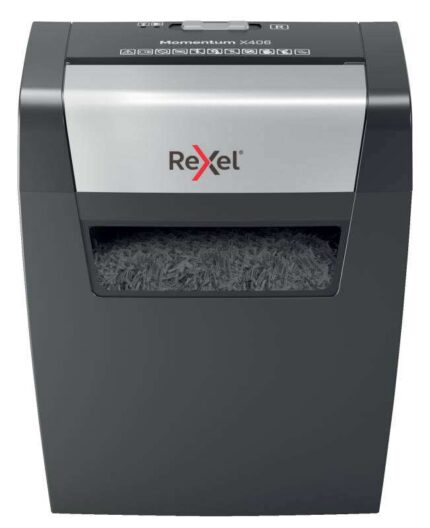 Rexel Momentum X406 Distruggidocumenti a taglio confetti P-4 - Distrugge fino a 7 fogli alla volta - Capacità del cestino 15 L - Colore Grigio/Argento