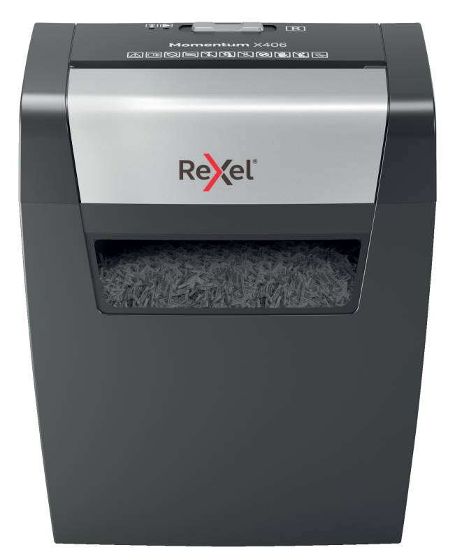 Rexel Momentum X406 Distruggidocumenti a taglio confetti P-4 - Distrugge fino a 7 fogli alla volta - Capacità del cestino 15 L - Colore Grigio/Argento