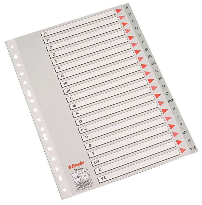Esselte Indice Alfabetico in Plastica Copertina Indice A-Z Multiforo - Formato Folio - Cartoncino Indice Cartone