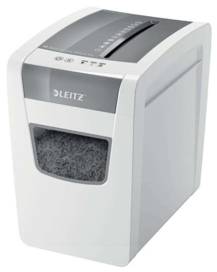 Leitz IQ Slim Home Office P4 Distruggidocumenti a taglio confetti P-4 - Distrugge fino a 10 fogli alla volta - Capacità del cestino 23 L - Silenzioso ed elegante - Colore bianco/grigio