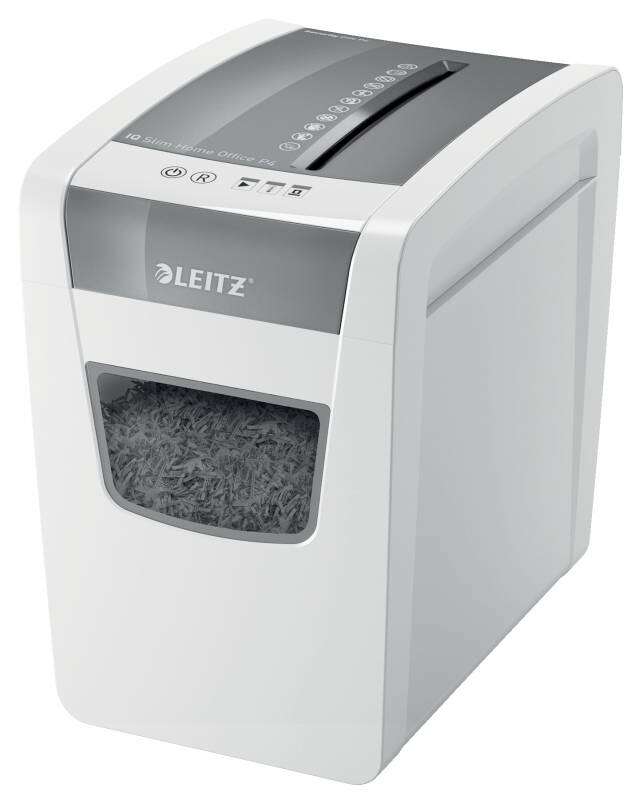 Leitz IQ Slim Home Office P4 Distruggidocumenti a taglio confetti P-4 - Distrugge fino a 10 fogli alla volta - Capacità del cestino 23 L - Silenzioso ed elegante - Colore bianco/grigio