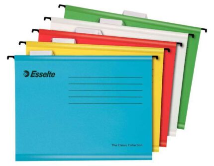 Esselte Classic Confezione da 10 Cartelle Appese Rinforzate A4 - Vetrini in Plastica Trasparente - Etichette Bianche - 100% Cartone Kraft Riciclato - Colori Assortiti