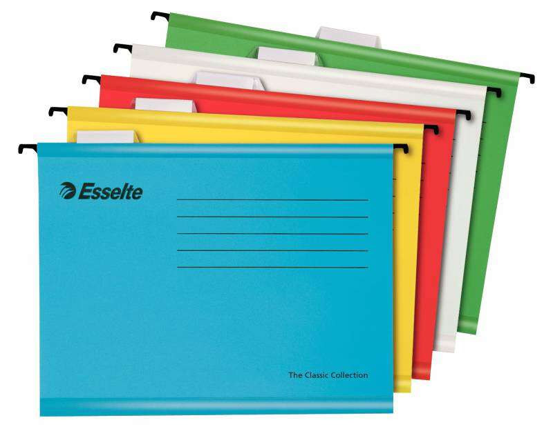 Esselte Classic Confezione da 10 Cartelle Appese Rinforzate A4 - Vetrini in Plastica Trasparente - Etichette Bianche - 100% Cartone Kraft Riciclato - Colori Assortiti