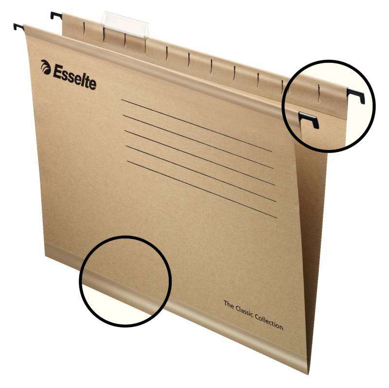 Esselte Classic Folio Confezione da 50 cartelline sospese rinforzate Folio - Include visori in plastica trasparente ed etichette bianche - 100% cartone kraft riciclato - Colore marrone kraft