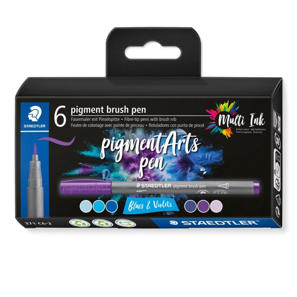 Staedtler 371 Confezione da 6 pennarelli con punta a pennello morbida - Colori vivaci e brillanti - Non ingialliscono nel tempo - Nuova inchiostro Multi Ink - Pigmenti di prima qualità - Colori blu/viola assortiti