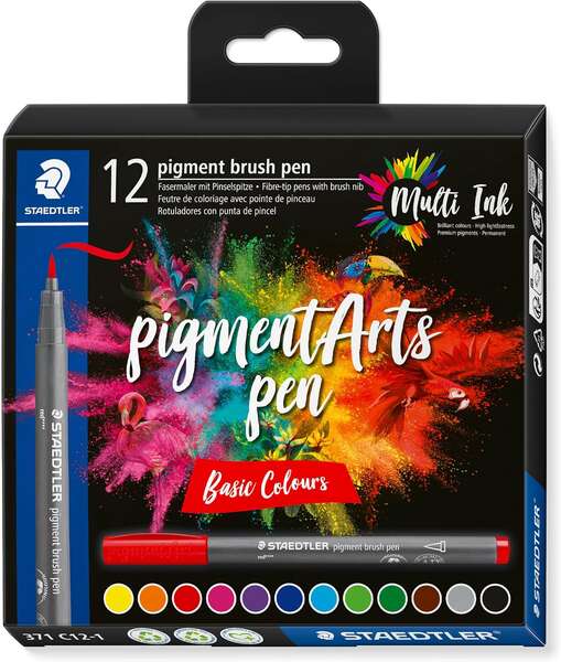 Staedtler 371 Confezione da 12 pennarelli a punta morbida - Colori vivaci e brillanti - Non ingialliscono nel tempo - Nuova inchiostro Multi Ink - Pigmenti di prima qualità - Colori assortiti