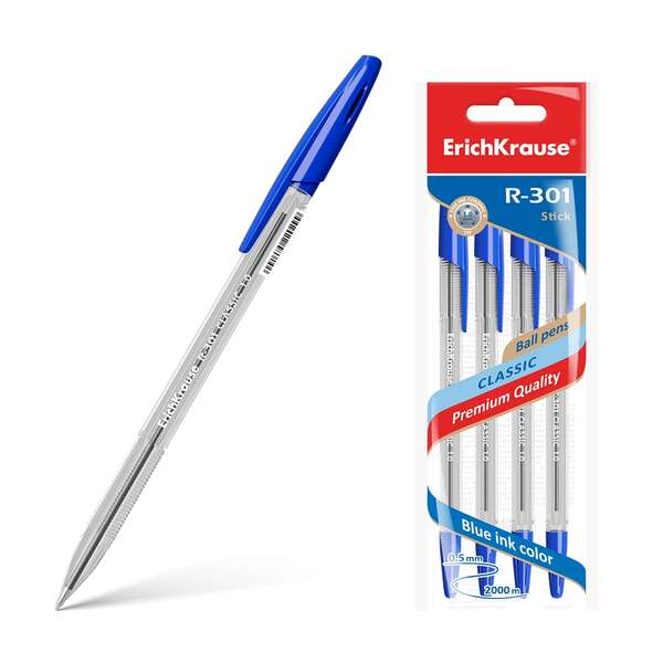 Erichkrause Confezione da 4 penne a sfera R-301 Classic Stick 1.0 - Corpo esagonale trasparente - Punta da 1