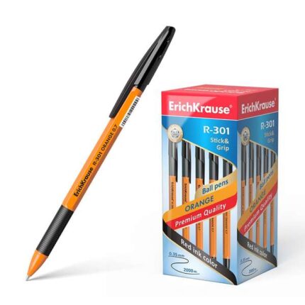 Erichkrause Penna a sfera R-301 Stick&Grip 0.7 - Corpo arancione con impugnatura in gomma - Inchiostro ad asciugatura rapida - Colore nero
