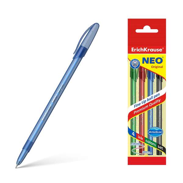 Erichkrause Confezione da 4 penne Neo Original - Punta a ago sofisticata Fine Tip - Corpo rotondo traslucido opaco - Inchiostro nei colori blu