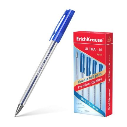 Erichkrause Penna a sfera Ultra-10 - Punta metallica a ago - Corpo esagonale trasparente - Inchiostro a bassa viscosità - Colore blu
