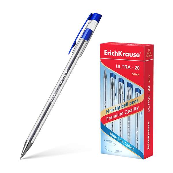 Erichkrause Penna a sfera Ultra-20 - Punta metallica a ago - Corpo rotondo trasparente con impugnatura - Inchiostro a bassa viscosità - Colore blu