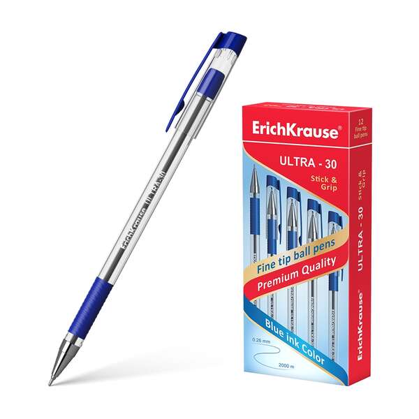 Erichkrause Penna Ultra-30 - Ricaricabile con punta fine - Corpo trasparente con impugnatura in gomma - Inchiostro ad asciugatura rapida - Colore blu