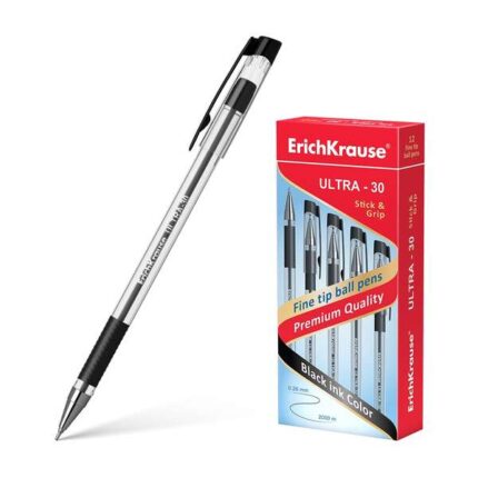 Erichkrause Penna a sfera Ultra-30 - Ricaricabile con punta fine Fine Tip - Corpo trasparente con impugnatura in gomma - Inchiostro nero - 2000 m di scrittura precisa e veloce - Colore nero