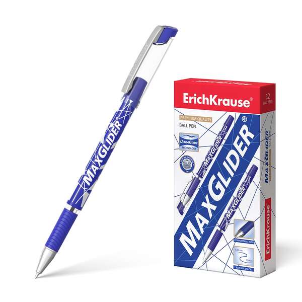 Erichkrause Penna a sfera Maxglider - Tecnologia Ultra Glide - Corpo rotondo con impugnatura in gomma - Inchiostro blu