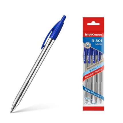 Erichkrause Confezione da 4 penne a sfera automatiche R-301 Classic Matic 10 - Punta standard da 10 mm - Inchiostro ad asciugatura rapida - Colore azzurro