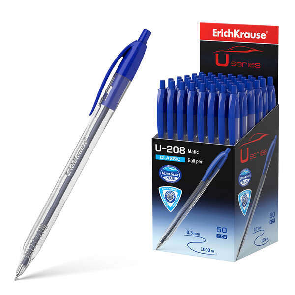 Erichkrause Penna a sfera automatica U-208 Classic Matic - Tecnologia Ultra Glide - Corpo trasparente con impugnatura - Colore blu
