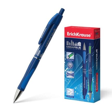 Erichkrause Penna a sfera automatica Megapolis Concept - Corpo satinato rotondo - Impugnatura ergonomica - Punta a 5 canali - Inchiostro ad asciugatura rapida - Colore blu
