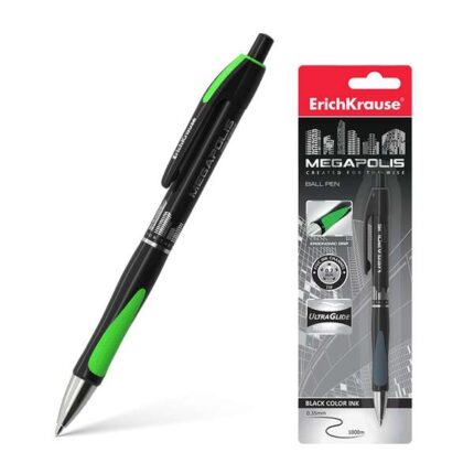 Erichkrause Penna a sfera automatica Megapolis Concept - Corpo satinato rotondo - Zona di presa ergonomica - Punta a 5 canali - Inchiostro ad asciugatura rapida - Colore nero
