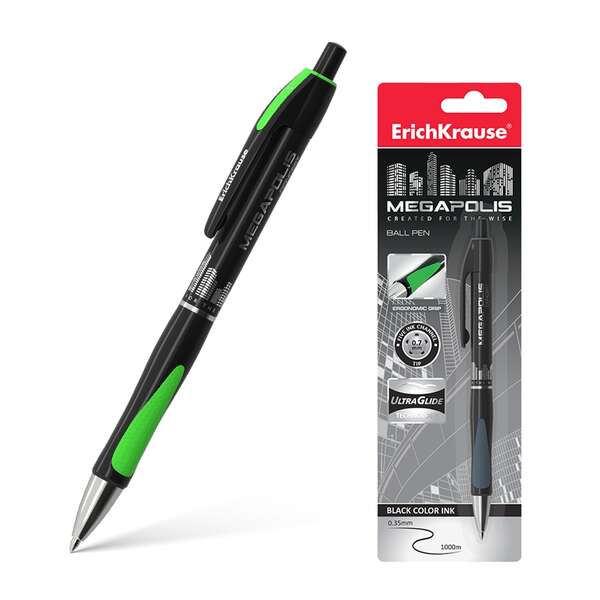 Erichkrause Penna a sfera automatica Megapolis Concept - Corpo satinato rotondo - Zona di presa ergonomica - Punta a 5 canali - Inchiostro ad asciugatura rapida - Colore nero