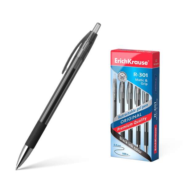 Erichkrause Penna a gel automatica R-301 Original Gel Matic&Grip - Inchiostro a gel ad asciugatura rapida - Corpo trasparente con impugnatura in gomma - Colore nero