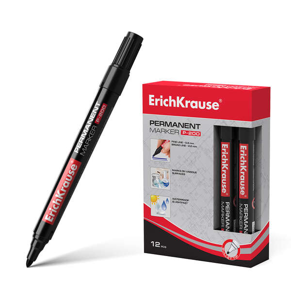 Erichkrause P-200 Pennarello indelebile - Punta a forma di proiettile - Resistente all'acqua e ai raggi UV - Colore nero