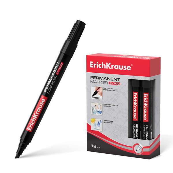 Erichkrause Pennarello permanente P-300 - Punta smussata - per scrivere su diverse superfici - Colore nero