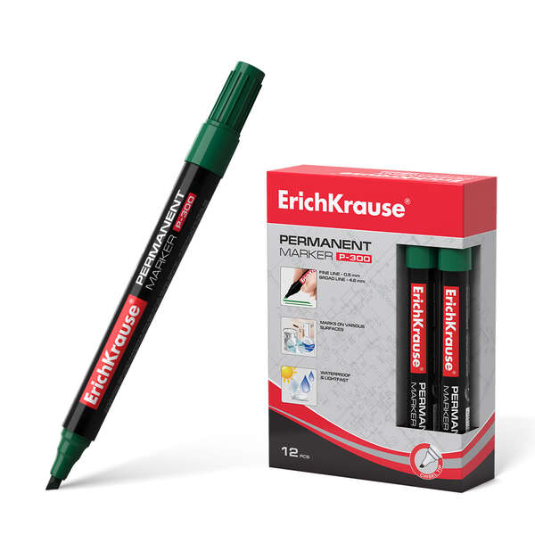 Erichkrause Pennarello indelebile P-300 - Punta smussata - Resistente all'acqua e ai raggi UV - Colore verde