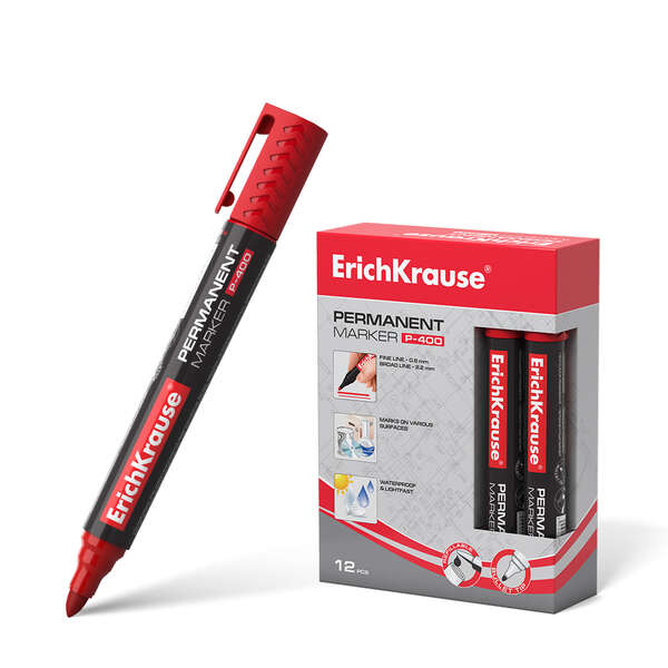 Erichkrause Pennarello permanente P-400 - Punta a forma di proiettile - Resistente su molteplici superfici - Colore rosso