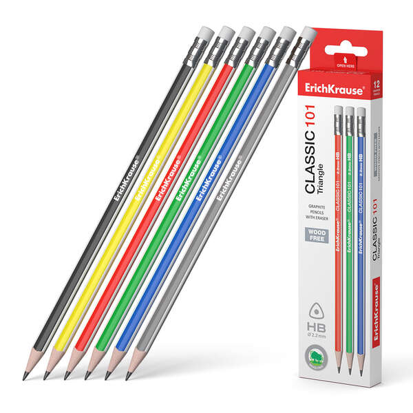 Erichkrause Classic 101 Matita di grafite in plastica HB triangolare con gomma - Colori assortiti