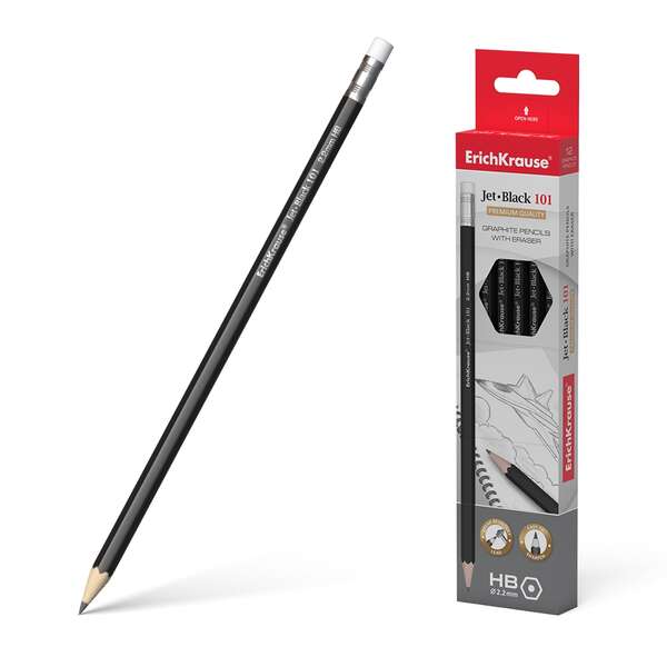 Erichkrause Jet Black 101 Matita di grafite esagonale HB con gomma - Resistente agli urti - Colore nero