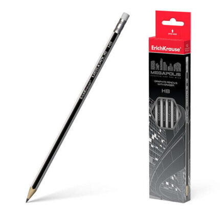 Erichkrause Matita di grafite esagonale con gomma Megapolis HB - Legno selezionato - Elevata resistenza agli urti - Facile da temperare - Gomma termoplastica ipoallergenica - Colore nero