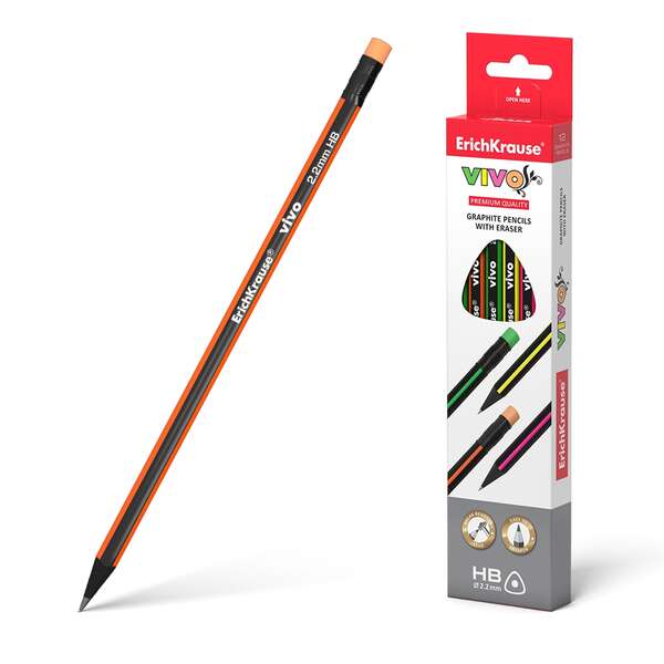 Erichkrause Vivo HB Matita di grafite triangolare con gomma - Legno selezionato - Elevata resistenza agli urti - Facile da temperare - Corpo in colori assortiti