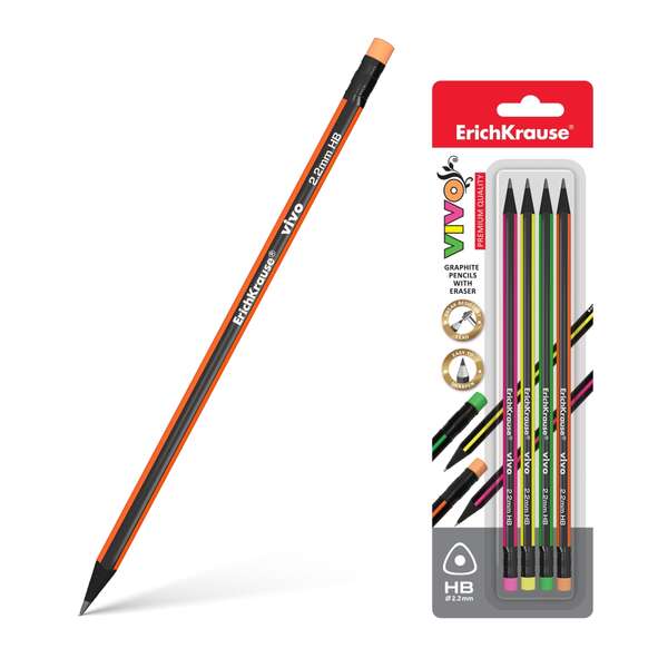 Erichkrause Vivo HB Confezione da 4 matite di grafite triangolari HB con gomma da cancellare dello stesso colore della matita - Legno selezionato - Resistente agli urti - Facile da temperare - Corpo in colori assortiti