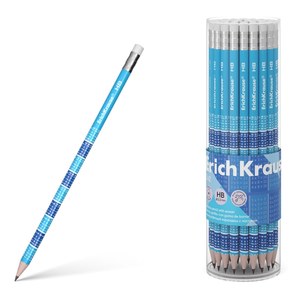 Erichkrause 2x2 Matita di grafite HB con gomma - Legno selezionato - Decorata con le tabelline - Facile da temperare - Colore blu