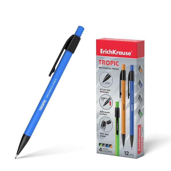 ErichKrause Tropic Portaminas - Punta retrattile e rivestimento Soft Touch - Colori opachi brillanti - con gomma e cappuccio - Comoda clip - Durezza HB - Mine da 0