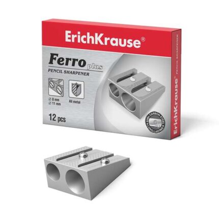 Erichkrause Ferro Plus - Temperamatite doppio in alluminio - Impugnatura ergonomica - Due fori da 8 mm e 11 mm - Lama in acciaio al carbonio a spirale - Colore argento