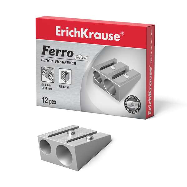 Erichkrause Ferro Plus - Temperamatite doppio in alluminio - Impugnatura ergonomica - Due fori da 8 mm e 11 mm - Lama in acciaio al carbonio a spirale - Colore argento