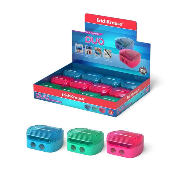 Erichkrause Duo - Temperamatite doppio in plastica - Contenitore per trucioli - Colori neon - Diametro 8 mm - Lama in acciaio al carbonio - Assortimento