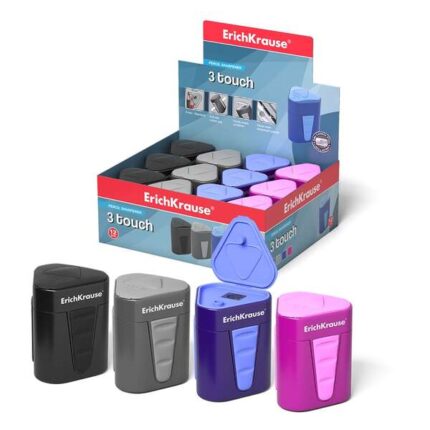 Erichkrause Temperamatite in plastica 3-Touch con contenitore e coperchio - Ampio contenitore per trucioli - Bordi in gomma antiscivolo - Colori assortiti