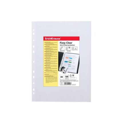 Erichkrause Fizzy Clear Confezione da 100 buste multiforo A4 30 mic - 11 fori - Finitura ruvida - Trasparente