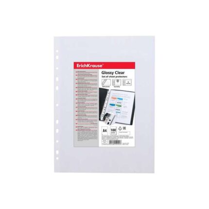 Erichkrause Glossy Clear Confezione da 100 buste multiforo A4 60 mic - 11 fori - Finitura lucida trasparente