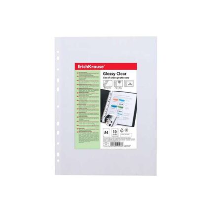 Erichkrause Glossy Clear Confezione da 10 buste multiforo A4 100 mic - 11 fori - Finitura lucida trasparente