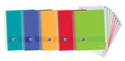 Oxford Europeanbook 8 Live & Go Confezione da 5 quaderni a spirale formato A4+ a quadretti 5x5 mm - 160 fogli microperforati con 4 fori - Copertina in plastica - 8 strisce colorate - Colori assortiti