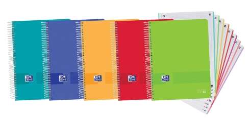 Oxford Europeanbook 8 Live & Go Confezione da 5 quaderni a spirale formato A4+ a quadretti 5x5 mm - 160 fogli microperforati con 4 fori - Copertina in plastica - 8 strisce colorate - Colori assortiti