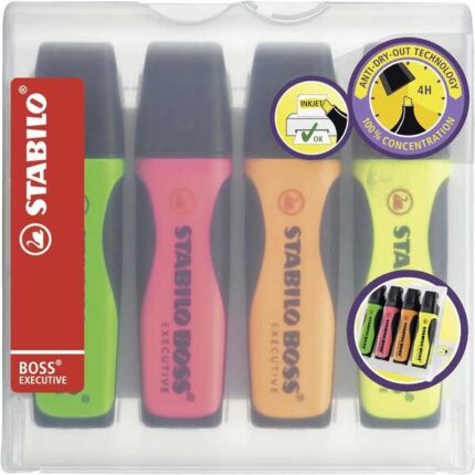 Stabilo Boss Executive Confezione da 4 evidenziatori fluorescenti - Zona di presa - Tratto tra 2 e 5 mm - Ricaricabile - Inchiostro a base d'acqua - Colori assortiti