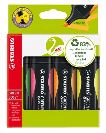 Stabilo Green Boss Confezione da 4 evidenziatori fluorescenti - Realizzato con l'83% di plastica riciclata - Larghezza del tratto tra 2 e 5 mm - Ricaricabile - Colori assortiti