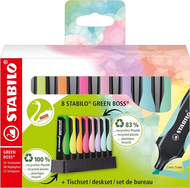 Stabilo Green Boss Set da tavolo con 8 pennarelli fluorescenti - Realizzato con l'83% di plastica riciclata - Tratto da 2 a 5 mm - Ricaricabile - Colori assortiti