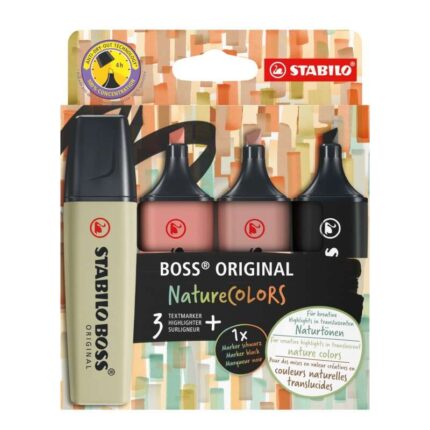 Stabilo Boss Naturecolors Confezione da 4 pennarelli - Tratto da 2 a 5 mm - Inchiostro a base d'acqua - Colori: Nero